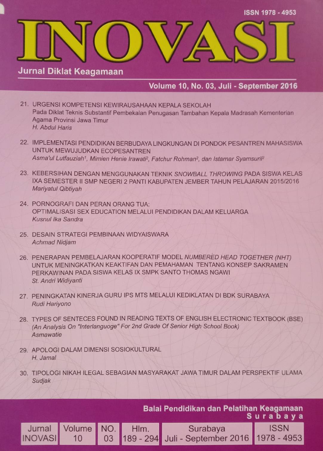 Jurnal Inovasi Volume 10, No. 03, Juli-September 2016