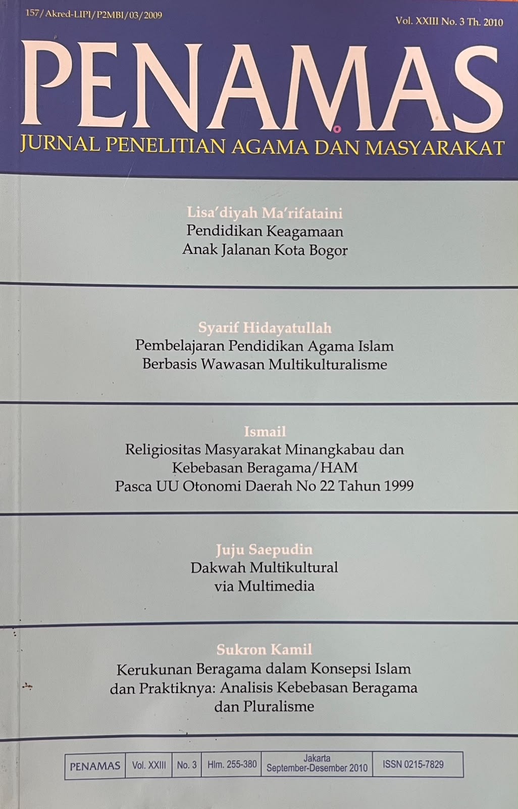 Jurnal Penamas Vol. XXIII No. 3 Th. 2010