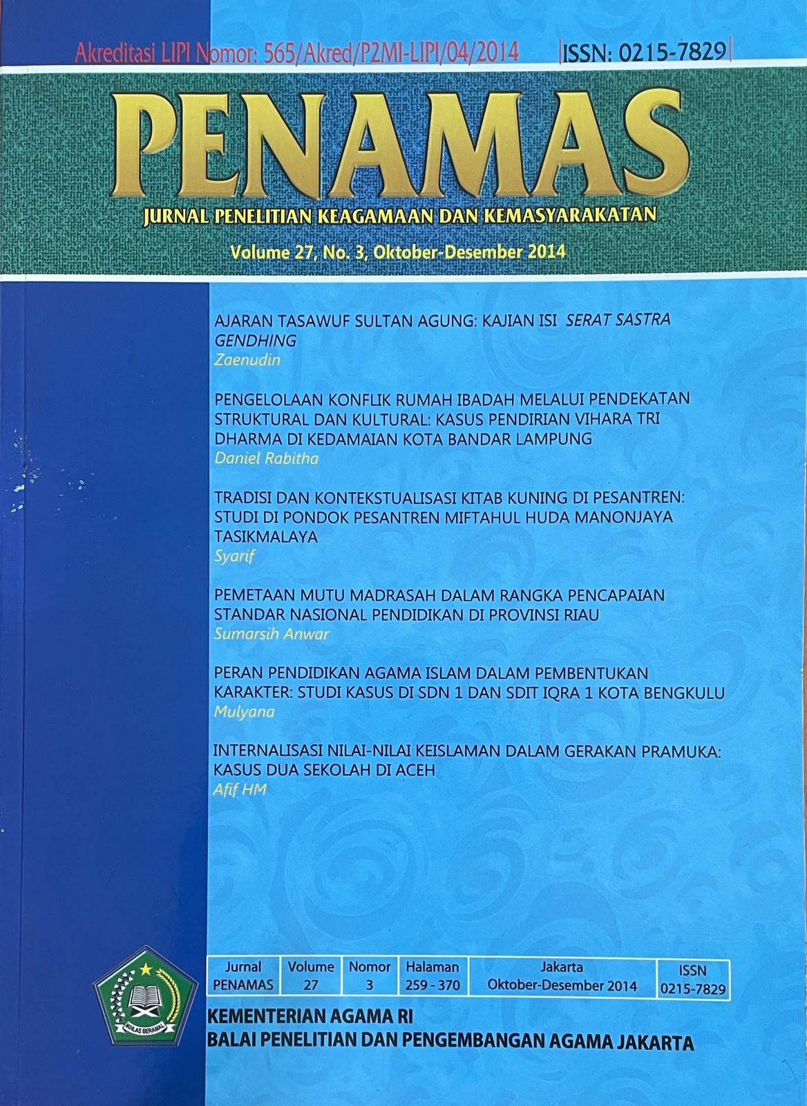 Jurnal Penamas Volume 27, No 3, Oktober - Desember 2014